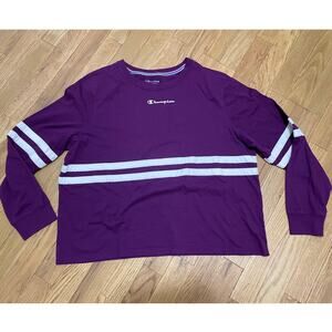 Champion Heritage Long-Sleeve Shirt Purple Double White Contrast Stripe Women XL